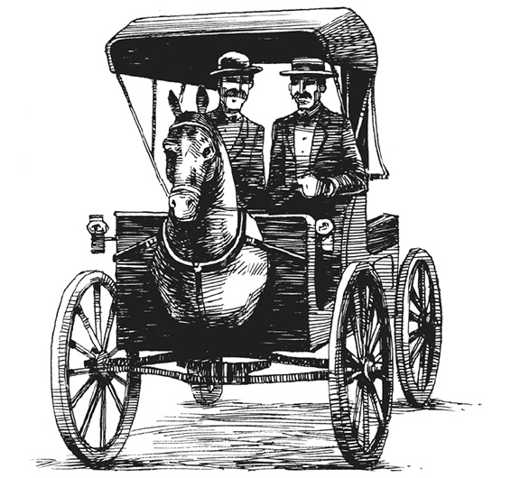 汽車剛問世時，還得在「無馬馬車」（Horsey Horseless）的車廂前方，裝上一個跟真馬頭一樣大的假馬頭，以避免民眾與真的馬匹受到驚嚇。時報出版提供