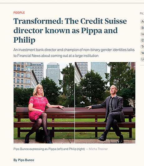〈性別流動：被稱為「皮帕」和「菲力浦」的瑞士信貸董事〉一文揭露皮帕．邦斯每天考慮當天是以「皮帕女士」出現還是以「菲力浦先生」出現在瑞信及各種大型活動中。網路擷圖