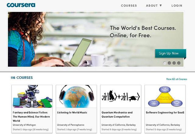 甫成立一年、由兩名史丹佛大學電腦專家創立的Coursera網站，提供免費的網路大學課程給全球的學習者。Coursera網站擷圖