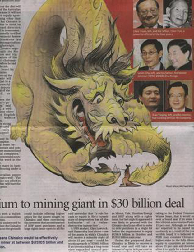 《雪梨晨鋒報》先前使用「意境」的漫畫描繪中鋁公司企圖收購澳洲力拓礦業的事件：惡龍在吞噬力拓。