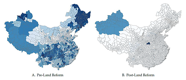 圖一：中國各縣土改前後的土地分配吉尼係數。