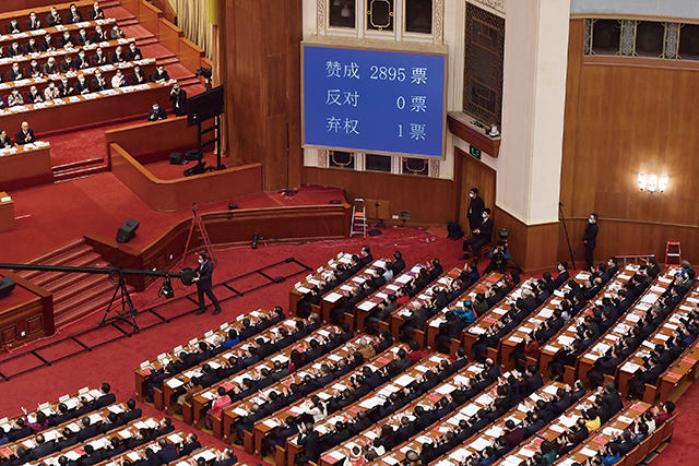 2021年3月11日，中共全國人大會議以2,895票贊成、0票反對、1票棄權通過《全國人民代表大會關於完善香港特別行政區選舉制度的決定（草案）》。Getty Images
