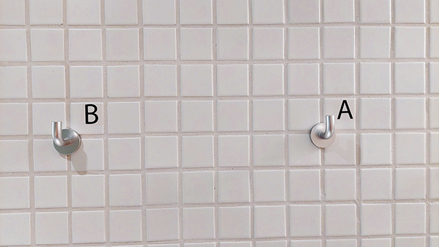 雙人房的衛浴掛勾標示。謝平平攝影