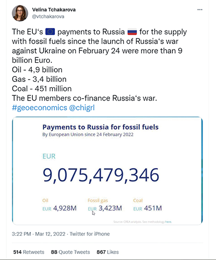 有人據歐盟國際收支情況做一總結：自2月24日俄羅斯對烏克蘭發動戰爭以來，歐盟支付給俄羅斯的化石燃料供應超過90億歐元，其中石油49億，天然氣34億，煤炭4.51億。作者提供網路擷圖