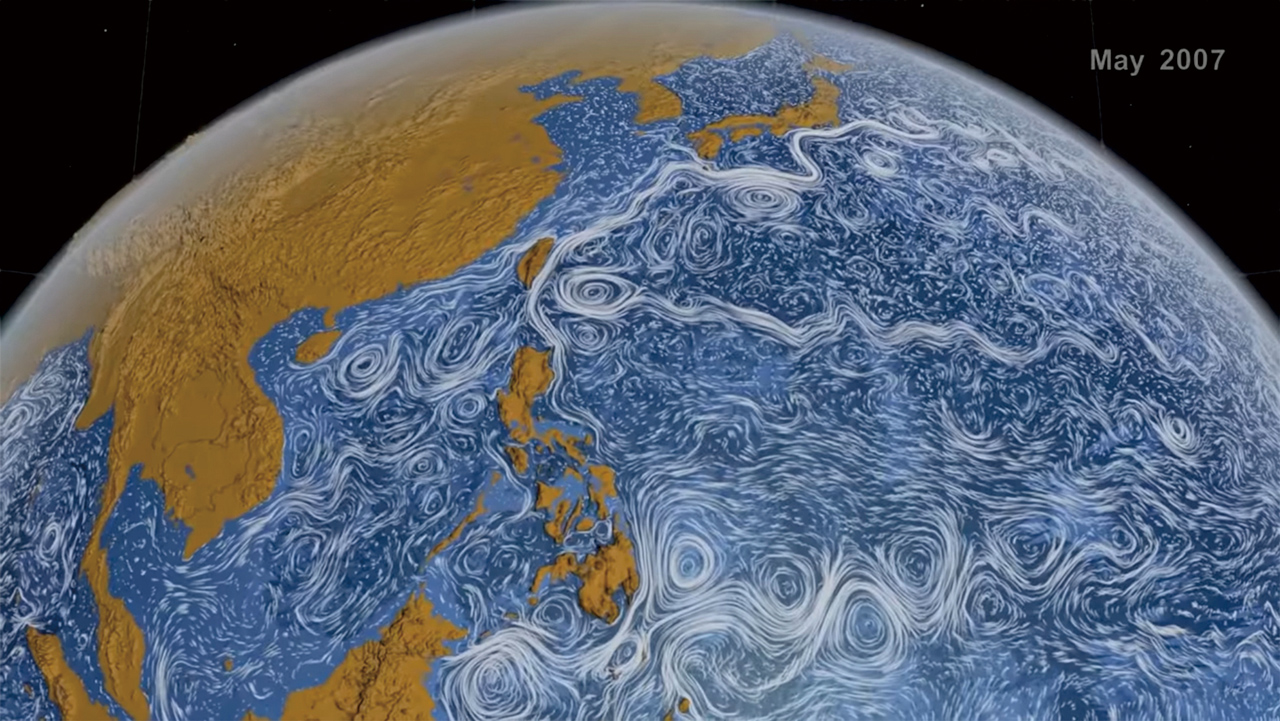 地球洋流。擷圖自YouTube NASA Goddard影片，讀者可自行下載觀賞。網路擷圖