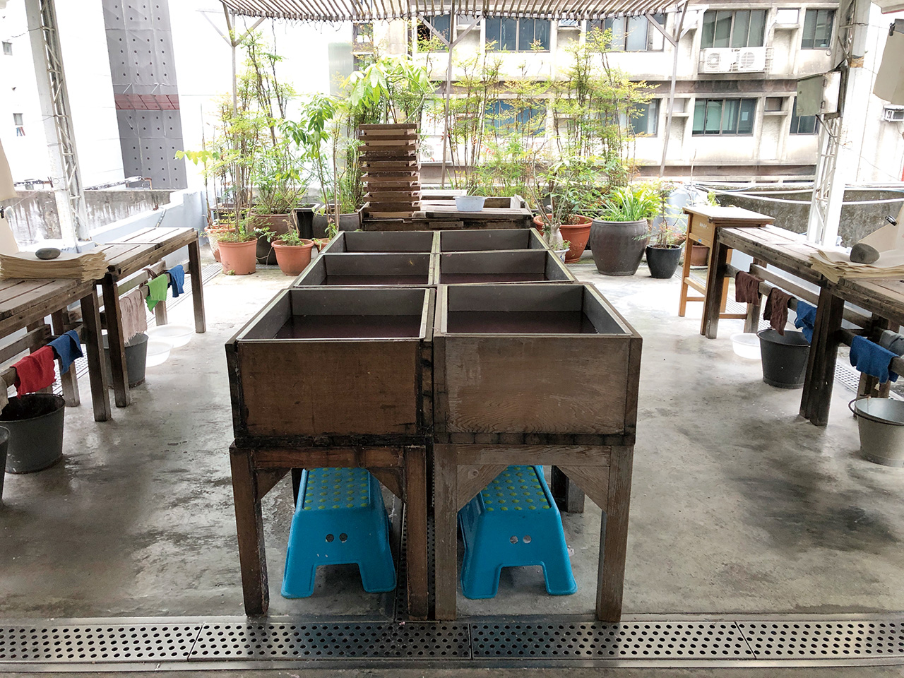 四樓造紙區是半開放空間，綠意盎然的植栽讓頂樓充滿自然氣息。