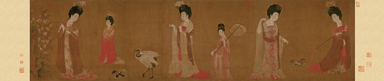 周昉的〈簪花仕女圖〉描繪唐代宮廷嬪妃遊樂嬉戲的日常生活。公有領域
