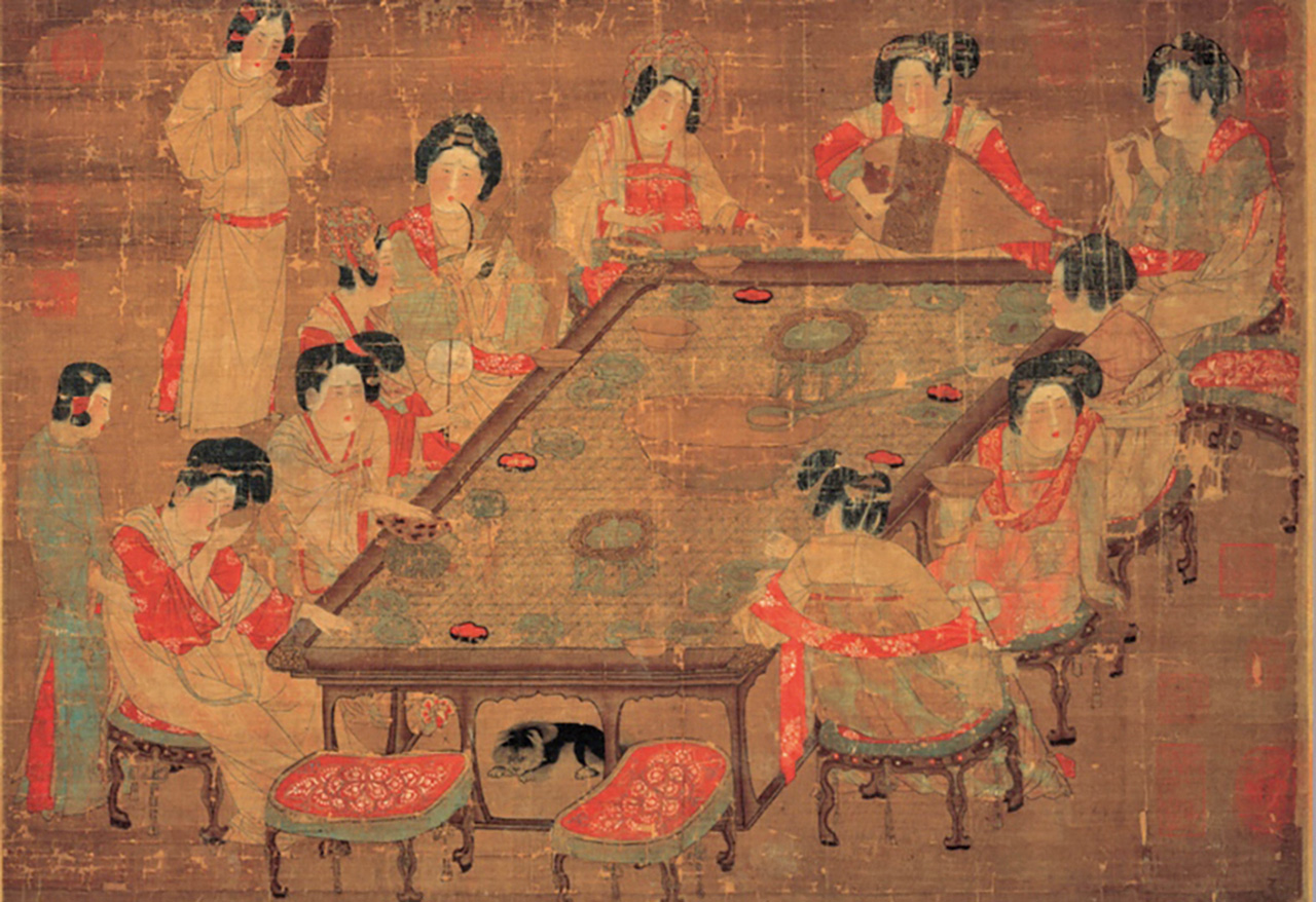 〈唐人宮樂圖〉描繪唐代後宮嬪妃飲宴聯歡的場景。公有領域