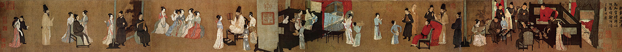 顧閎中目識心記,畫出「中國十大傳世名畫」之一〈韓熙載夜宴圖〉,南宋臨摹本,現藏於北京故宮博物院。公有領域