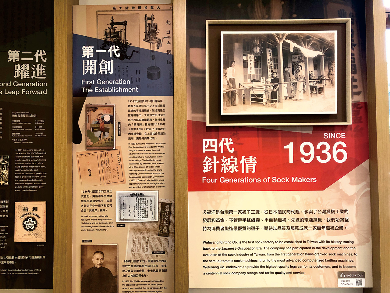 1936年,第一代董事長吳迺洋引進最先進的手搖織襪機,開啟吳家四代針線情。
