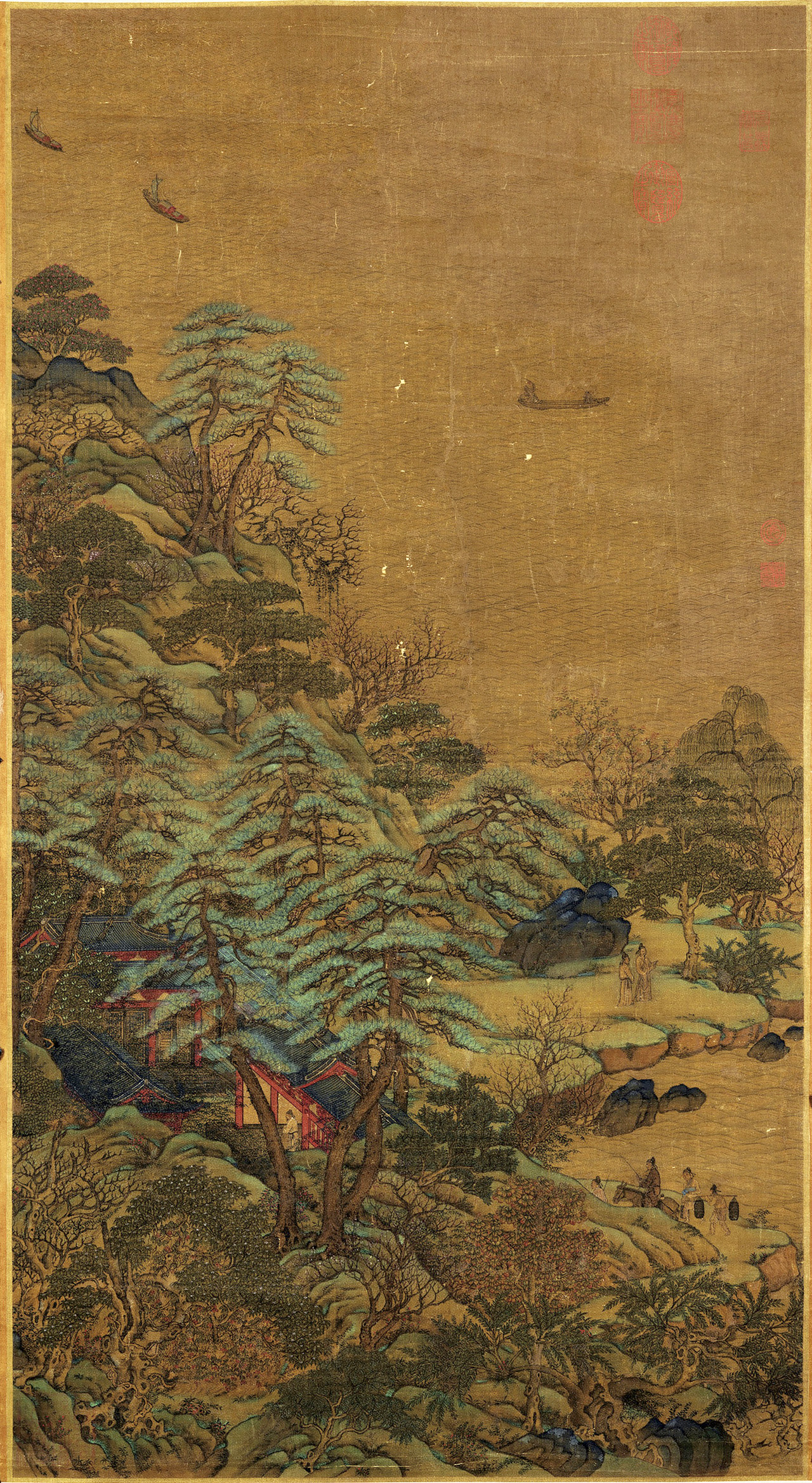 唐代「大李將軍」李思訓的青綠山水畫作〈江帆樓閣圖〉。公有領域