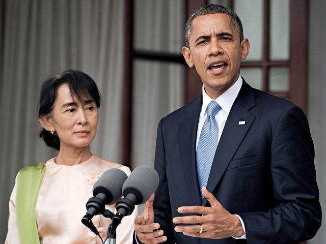 欧巴马于2012年11月赴缅甸访问，试图让缅甸逐渐脱离中共，并加强美方在东南亚的影响力。Getty Images