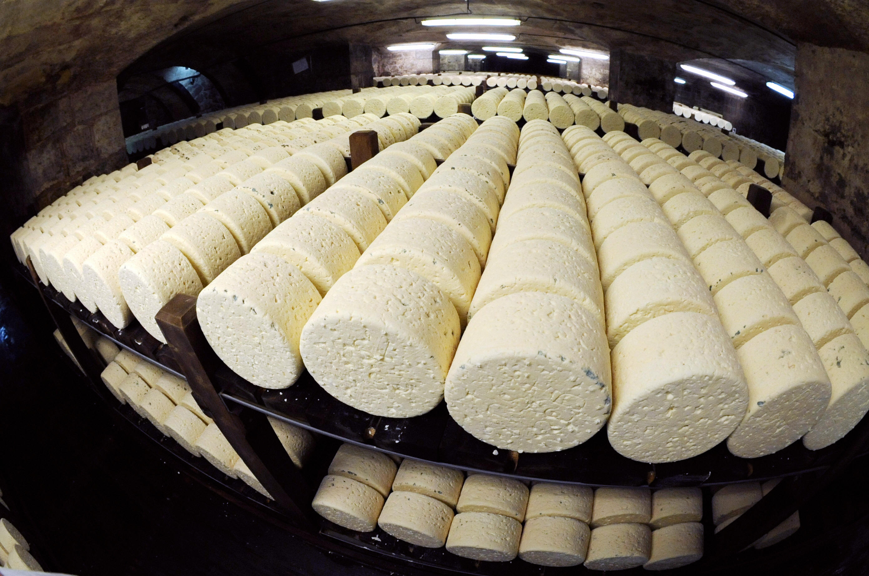 窖藏在法国中南部贡巴鲁石灰岩洞中的洛克福奶酪。