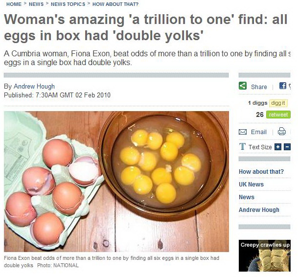 菲奥娜买回一盒6颗装的鸡蛋，没想到，每一颗蛋竟然都有双蛋黄！